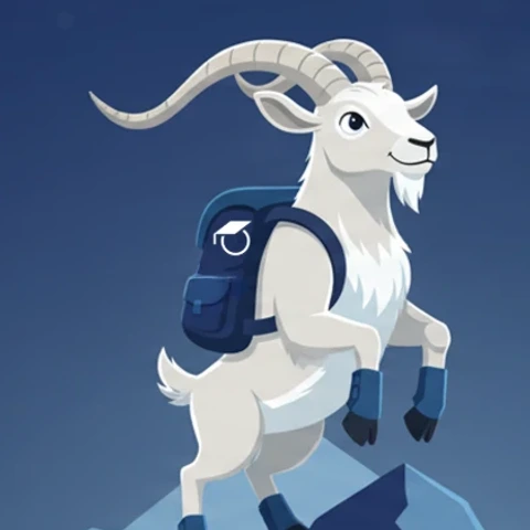 Trek, a goat wearing a backpack, climbing a mountain